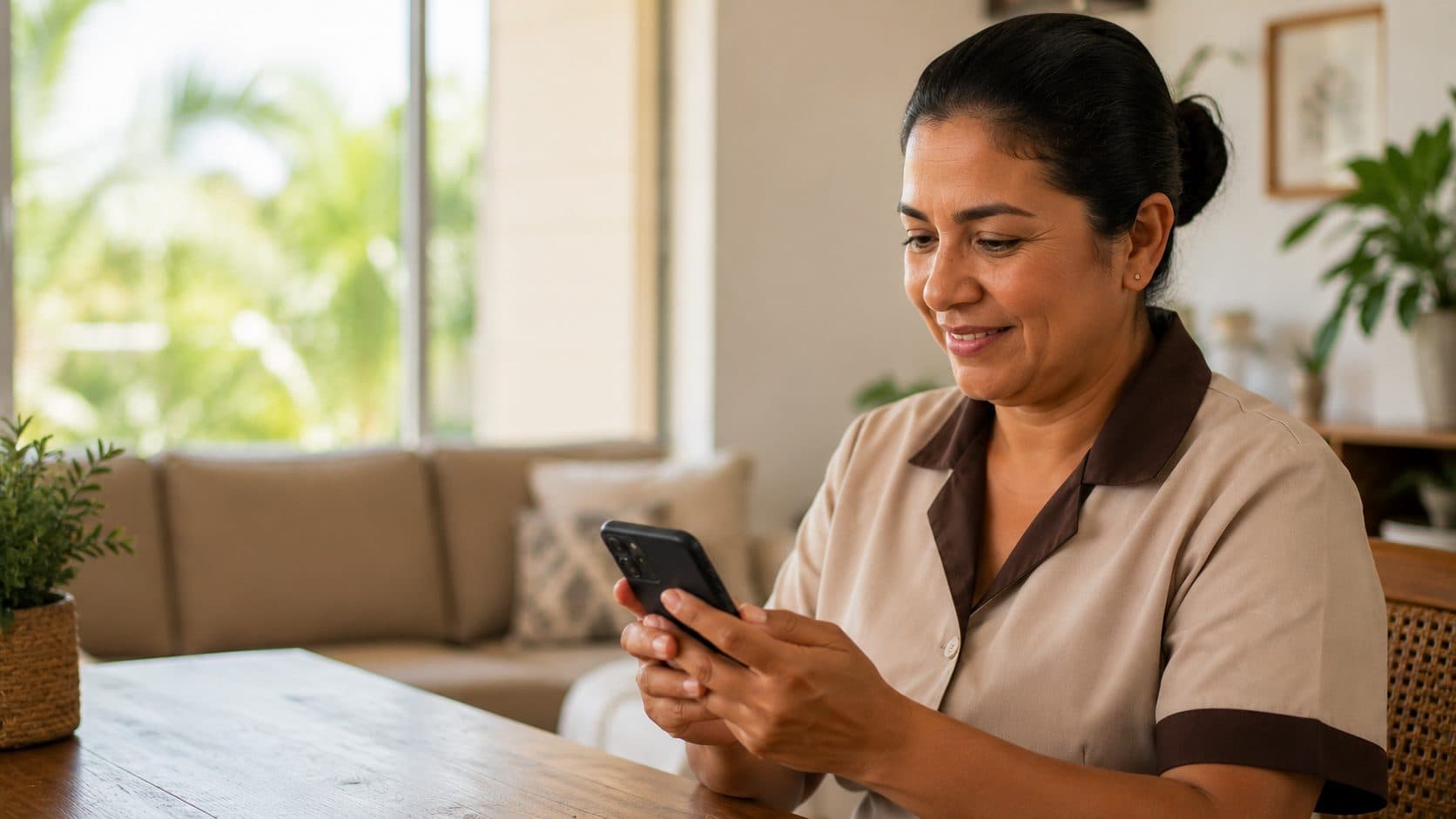 Una trabajadora del hogar estudiando en su celular, sentada a la mesa de una casa